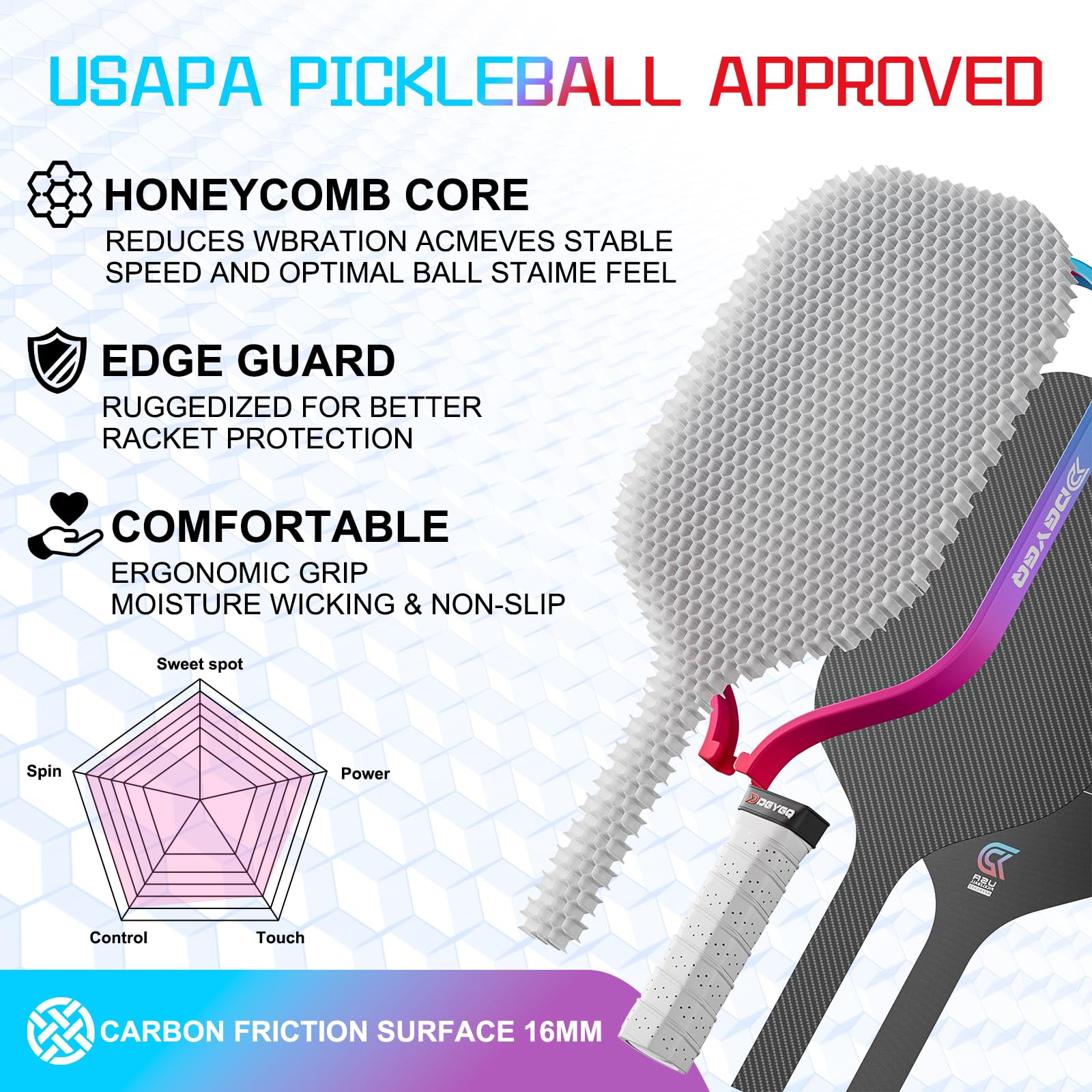 DGYGQ Pickleball Paddles - Professional Carbon Fiber Paddle with Honeycomb Core Pickleball Rackets - Lightweight Precision & Enhanced Shock Absorption for High Spin & Powerful Shots (Red and Blue)